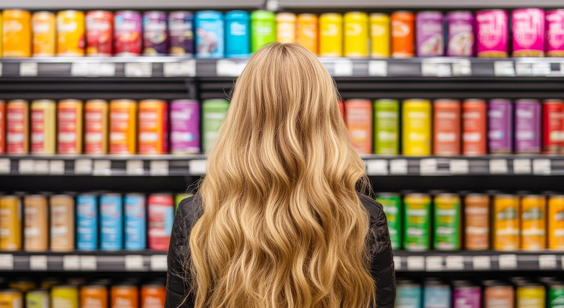 este Black Friday una mujer busca una marca de bebidas en un supermercado